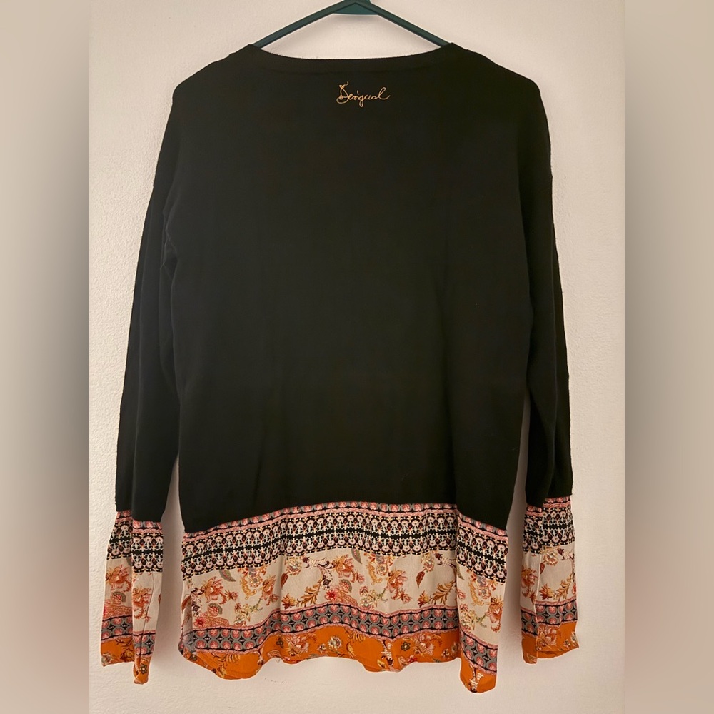 Desigual Embroidered Floral Mixed Media Sweater Tunic Black Orange - Picture 2 of 4